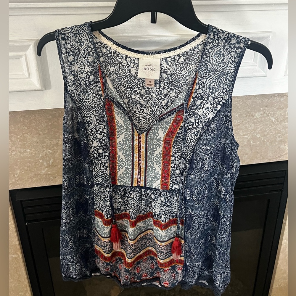 Knox Rose boho Blue and Red Patterned Sleeveless Top